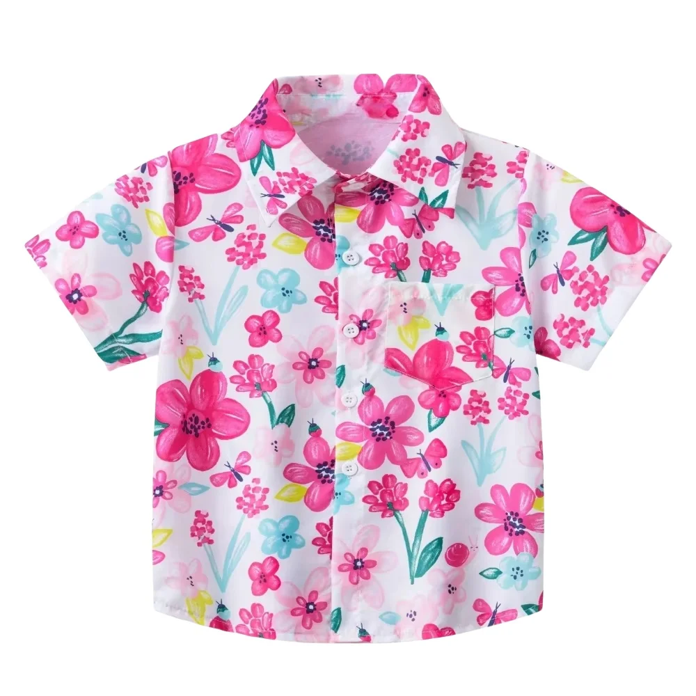 

Hawaiian Girls' Clothes Colorful Floral Print Children's Tops Beach Casual Girls' Summer Clothes Cute Lapel Children's Clothing