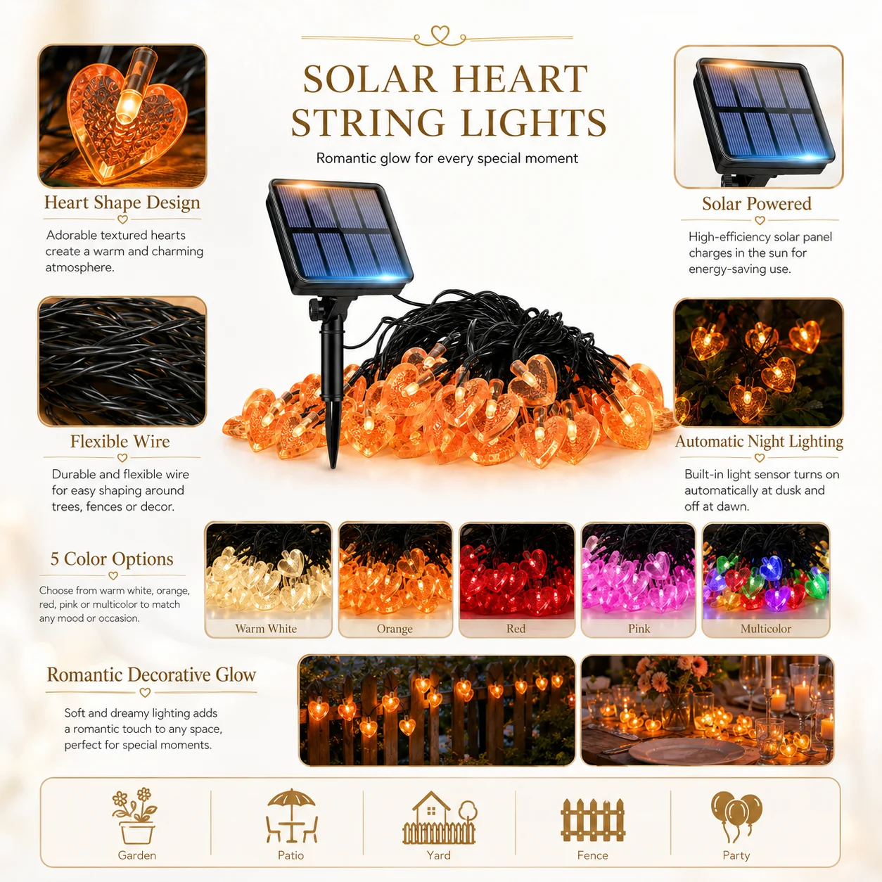 Solar Heart String Lights 5 Colors Outdoor Garden Fairy Lights Romantic LED Garland for Patio Yard Fence Wedding Party Holiday D