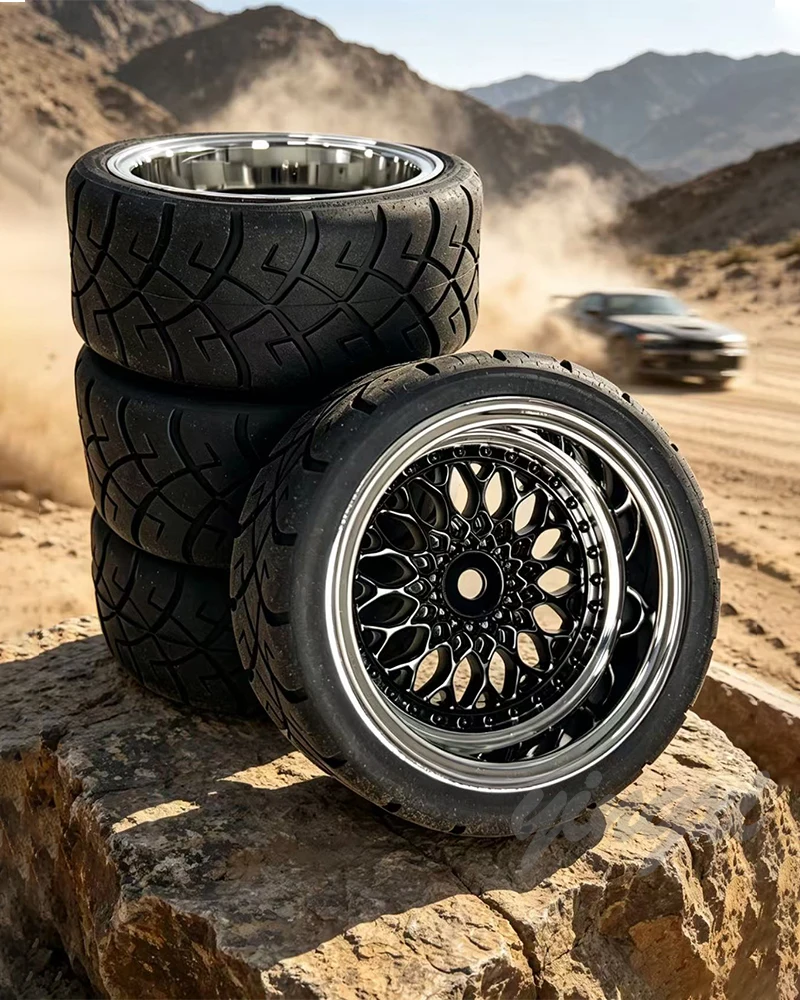 1/10 RC Racing Tires 4Pcs Soft Rubber High Traction Tyres with Electroplated Hubs Compatible with XV02 HSP 94123/94122 Tamiya