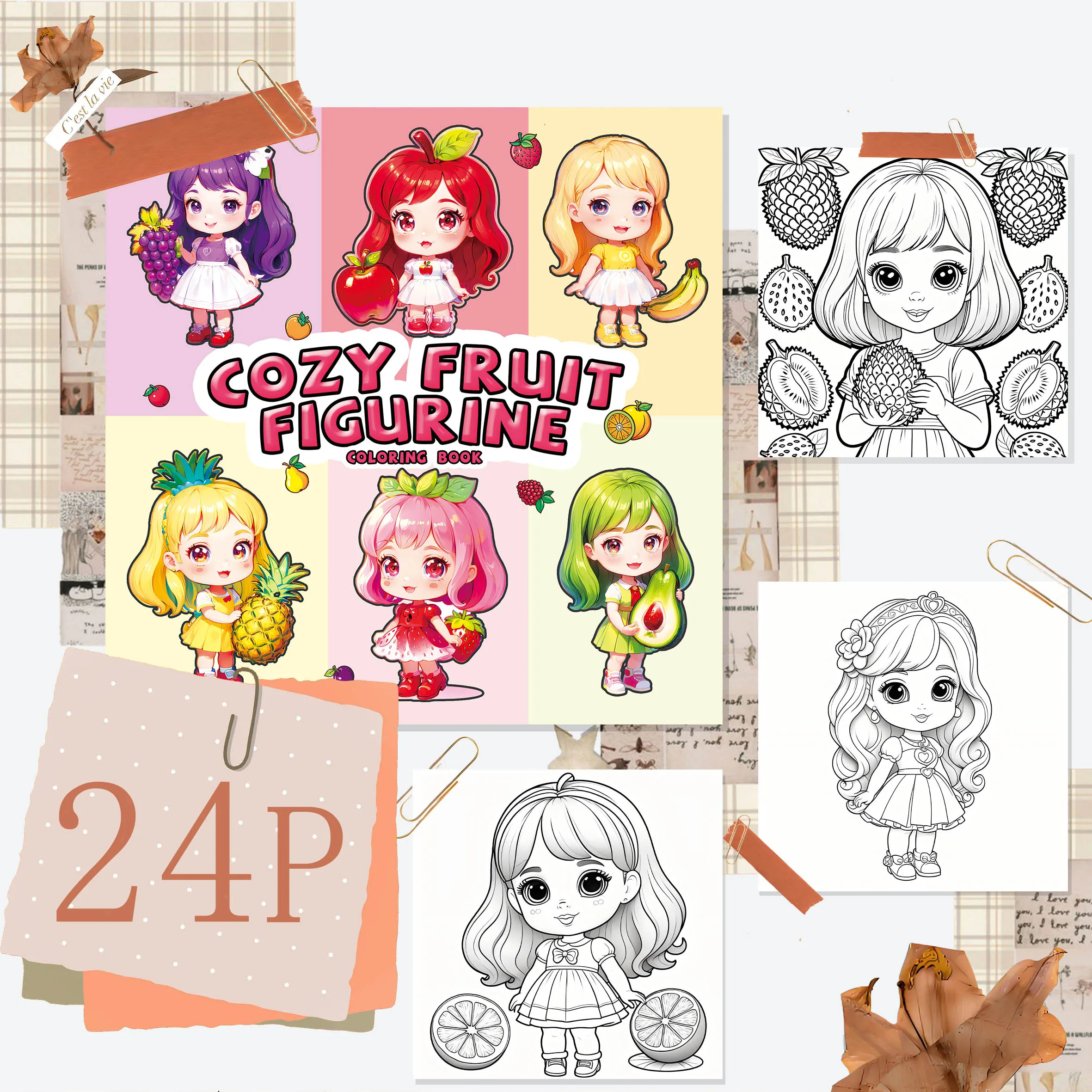 Adult Coloring Book: Cute Colorful Fruit Dolls and Charming Little Girls - Relaxing Art Therapy for Stress Relief and Creativity