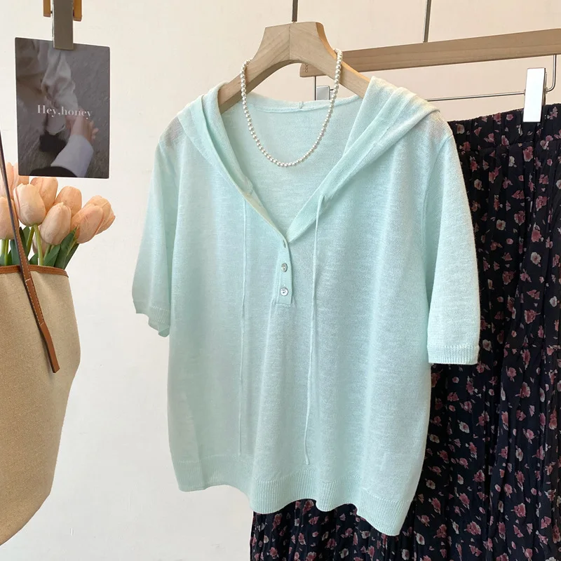 

Dave&di 26 Summer New Product: Yasi Hemp Age Reducing Hooded Short Sleeve Knitted Shirt Ramie Refreshing Breathable Top