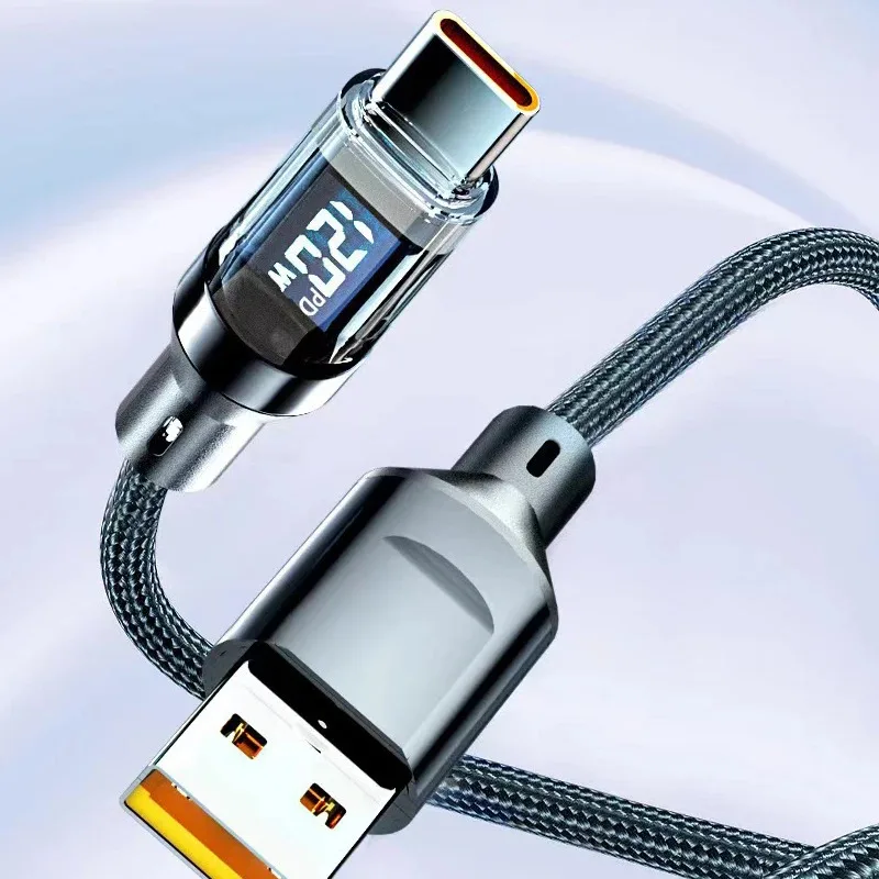 كابل شحن سريع USBC بقدرة 120 وات مع سلك بيانات رقمي بشاشة LED لهاتف سامسونج/شاومي، ملحقات شاحن مقياس الطاقة من النوع C
