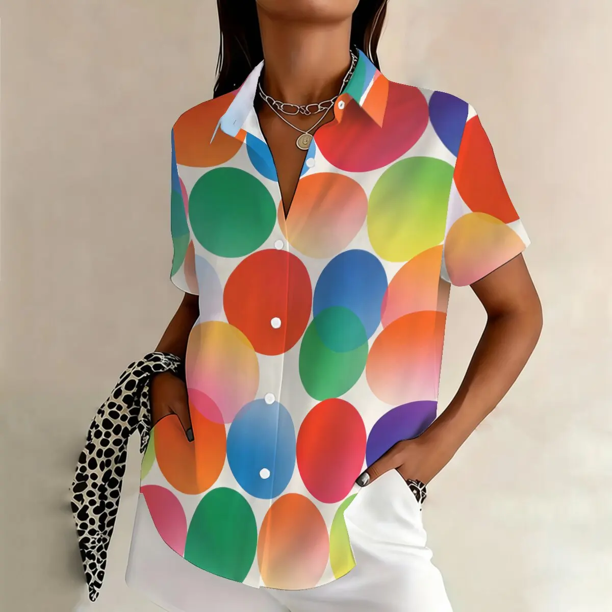 

Летняя женская рубашка больших размеров с короткими рукавами, красочные точки в стиле пэчворк, художественный дизайн, стильная и привлекательная, идеальная.