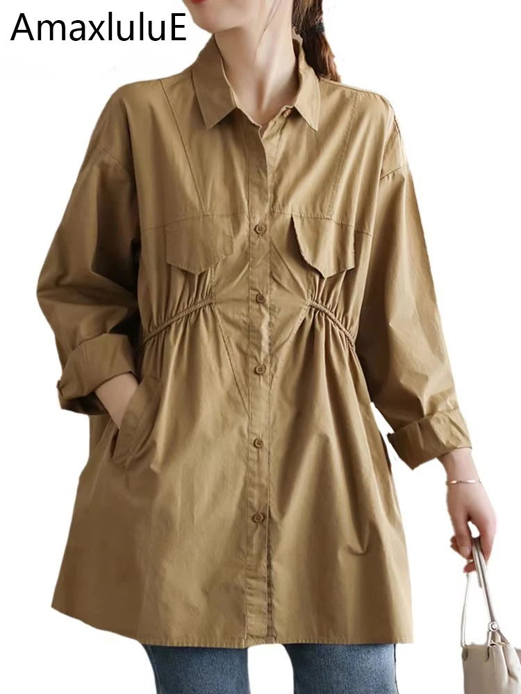 

AmaxluluE 2025 Summer Fashion Solid Design Street Loose Shirts British Style Womens Casual Vintage Elegant Tops Buttons Clothes