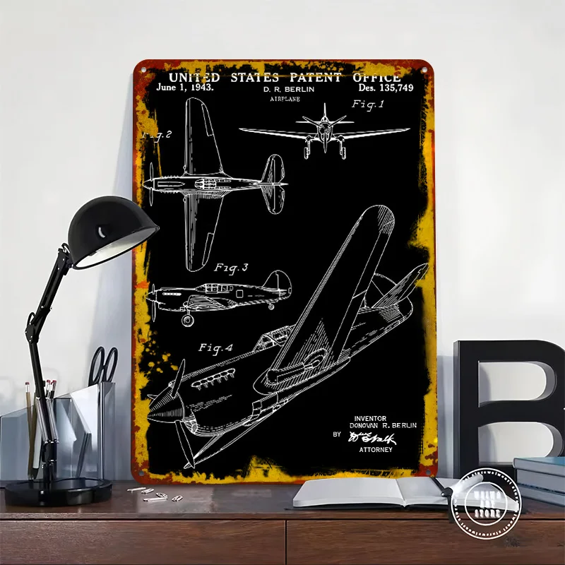 Airplane Patent Metal Poster Customized Wall Art Retro Vintage Tinplate Signs for Office Decoration Room Garage Decorations Home