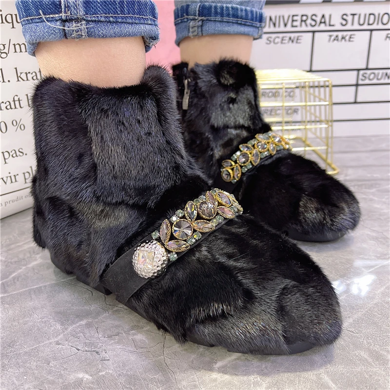 Black Women Furry Ankle Boots 2024 New Winter Warm Botas Femininas Mink Fur Snow Boot Flat Shoes Platform Creepers