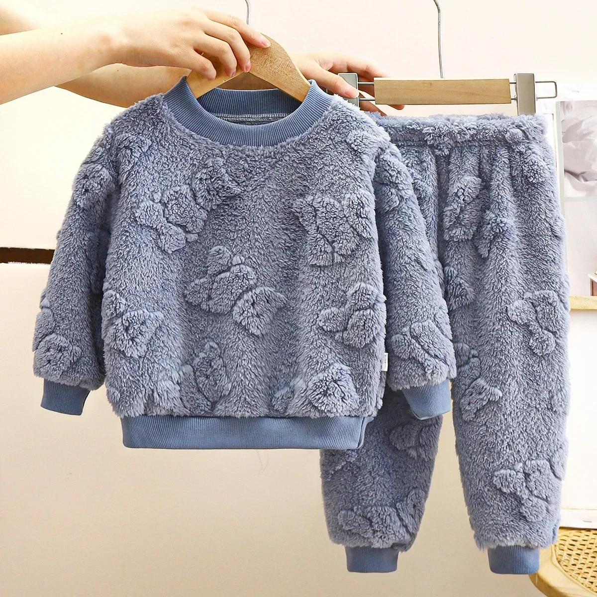 New Autumn Winter Kids Thicken Warm Flannel Pajamas Baby Solid Long Sleeve Sleepwear Boys Girls Casual Clothing Sets Pyjamas