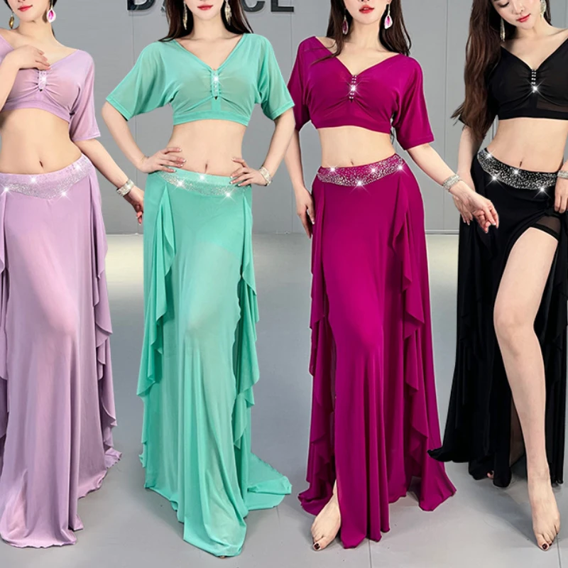 

Belly Dance Costume Professional Suit Performance Mesh Top Skirt 2pcs Girl's Exercise Clothing Team Bellys Dancing Uniform Set