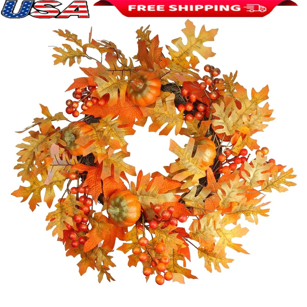 

Autumn Leaves Pumpkins Berries Artificial Wreath Unlit Thanksgiving Decor Indoor Outdoor 22 Inch Easy Hang Elegant Harvest
