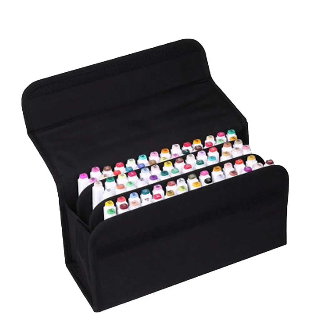 

80 Slots Marker Storage Pouch Portable Case Solid Color Organizer for Art Office Makeup Supplies Carrying Handle Black