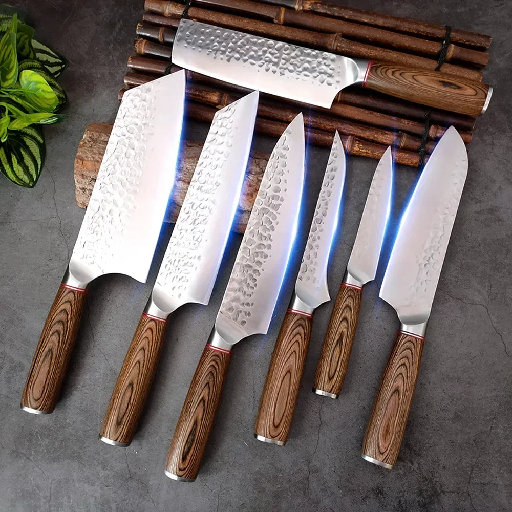 1-7pcs Japanese Knife Set High Carbon Steel Kitchen Chef Knife Meat Vegetable Fruit Cleaver Knife Hand Forged Kitchen Knives Set