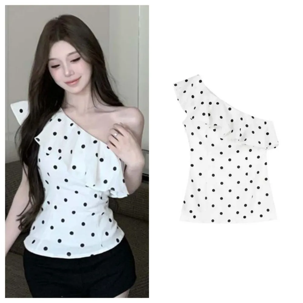 Dots Dot Pattern Ruffle Vest Asymmetric Shoulders Streetwear Slim Fit Crop Tops Korean Y2K Ins Pleated Collar Ruffle Shirt Tops