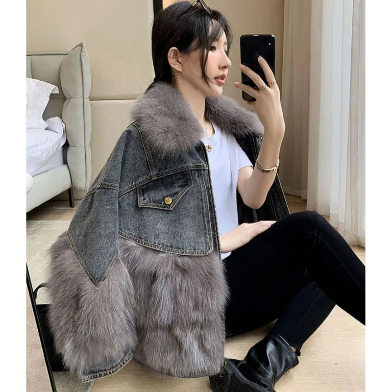 Stitching Denim Jacket Women\'s Overcoat New Winter Thicke Warm Jeans Parker Coat Loose Big Hair Collar Pie Overcome Cotton Coat