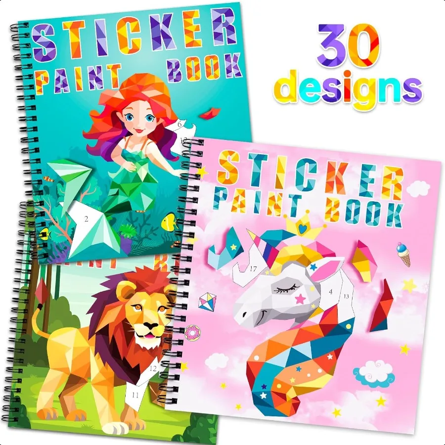Libros de pintura adhesivos para niños de 410 años, diseños de animales de sirena, pintura por pegatinas, pegatinas por números, regalos de fiesta de cumpleaños para niña, 3 uds.