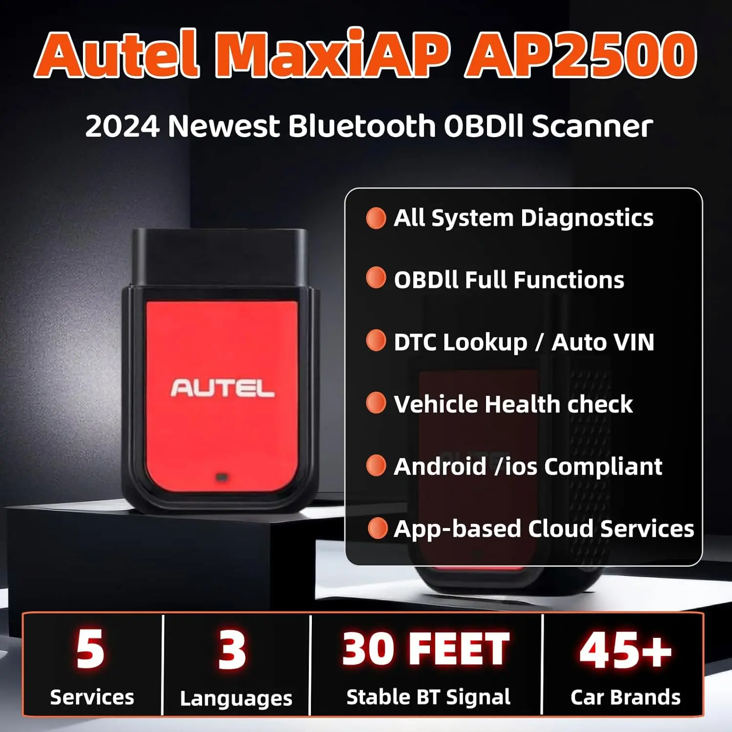 MaxiAP AP2500 OBD2 Scanner Bluetooth, All System Diagnostic Tool, 45+ Car Brands, EV Battery, for Android/iOS