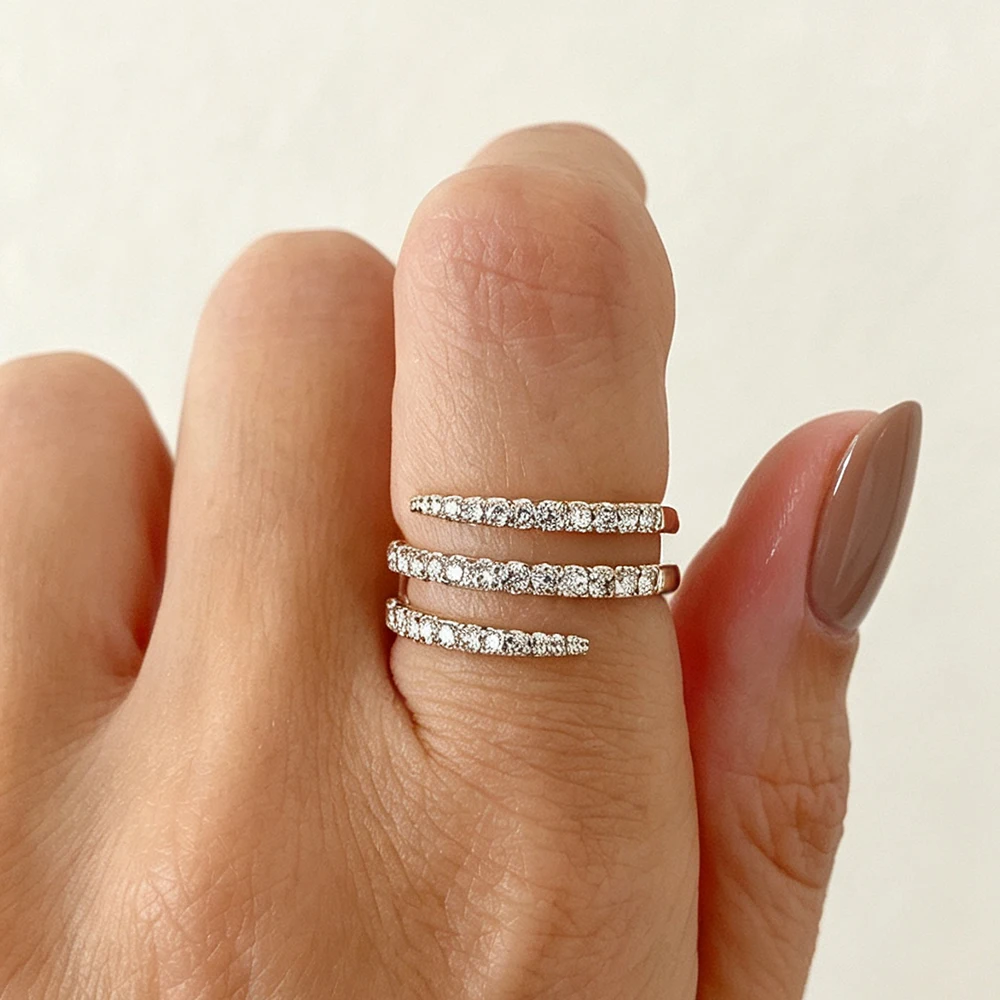 EWYA S925 Sterling Silver Triple Spiral Wrap Ring Full Paved Round Moissanite 18K Plated Open Twist Stackable Statement Band