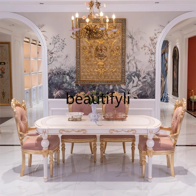 

French court style solid wood dining table and chair combination light luxury oval table six chairs dining table
