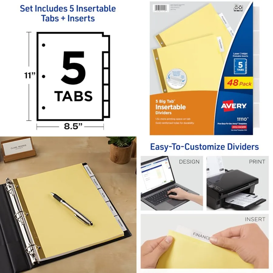 

Insertable Dividers for 3 Ring Binder, 5-Tab Sets, Clear Big Tabs, Buff Paper with Gold-Reinforced Holes, Total, Great for Orga