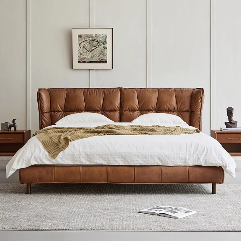 Light luxury retro full leather bed, master bedroom, high-end atmospheric double bed, mid-ancient style pull point design