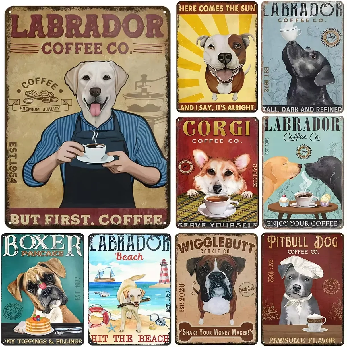 Labrador Corgi Boxer Dogs Coffee Co. Posters Plate Canvas Painting Wall Decor for Bars Man Cave Cafe Clubs Retro Posters