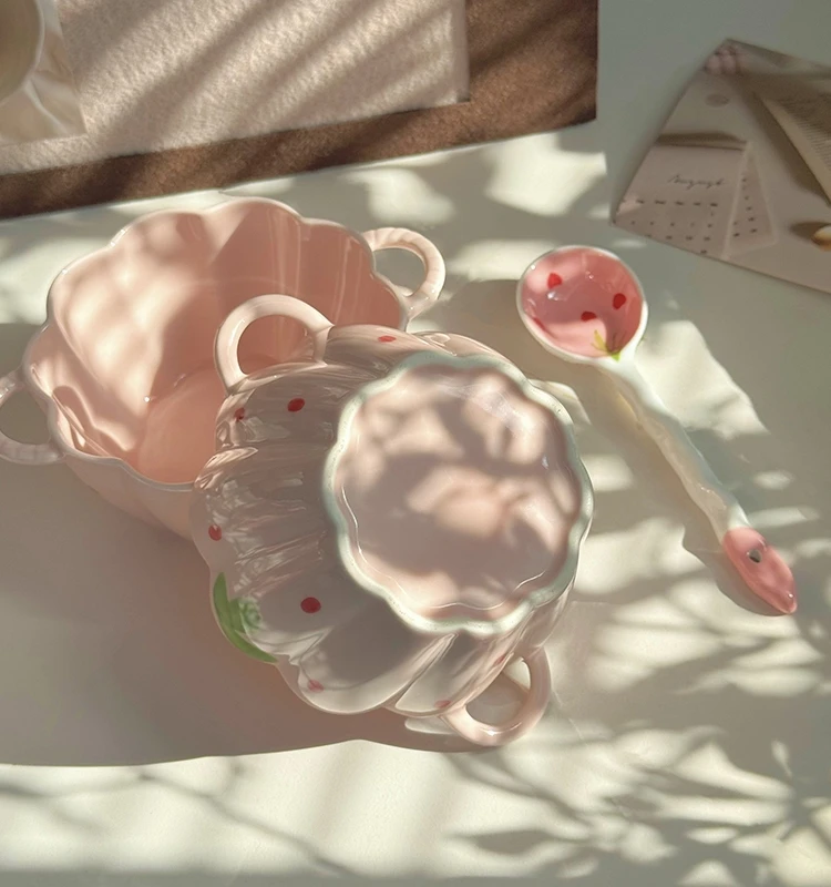 Double ear soup strawberry pink series large capacity household large soup bowl dormitory instant noodle bowl spoon