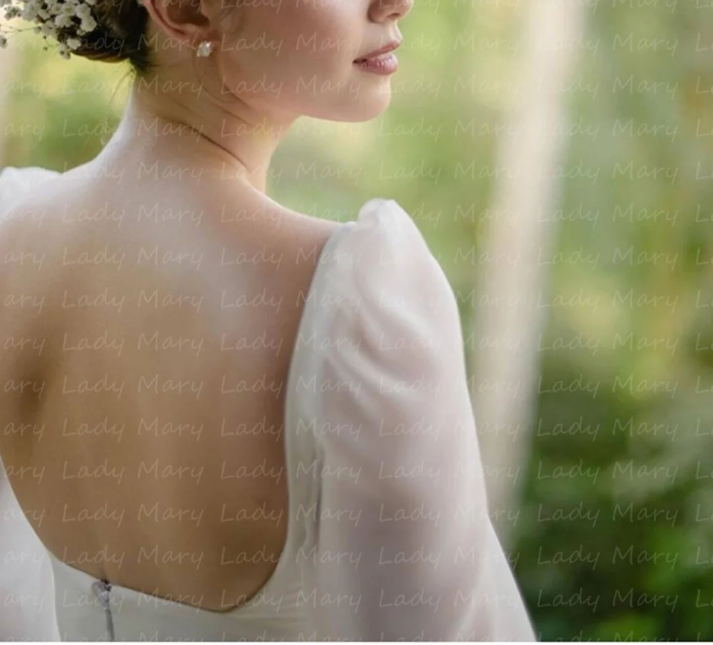 오프 화이트 쉬폰 웨딩 드레스, 푹신한 긴 소매 스퀘어 넥, 야외 신부 가운, 발목 스커트, 여름 해변 맞춤형 2025