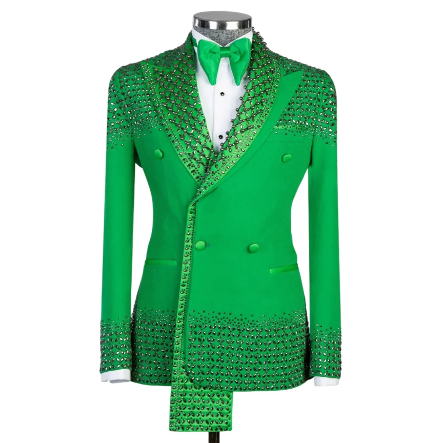 Bright Wedding Tuxedos Handmade Crystal 2 Piece Set Men Suit Luxury Peaked Lapel Double Breasted Groom Blazers Customized