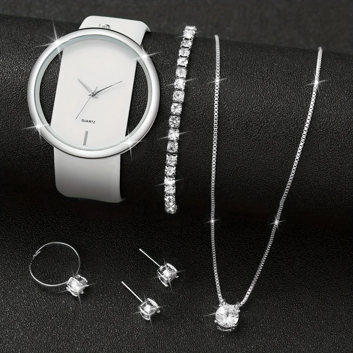 6 Stks/set Dames Uitgehold Quartz Horloge Analoog Pu Lederen Polshorloge En Sieraden Set, Cadeau Voor Mama Haar