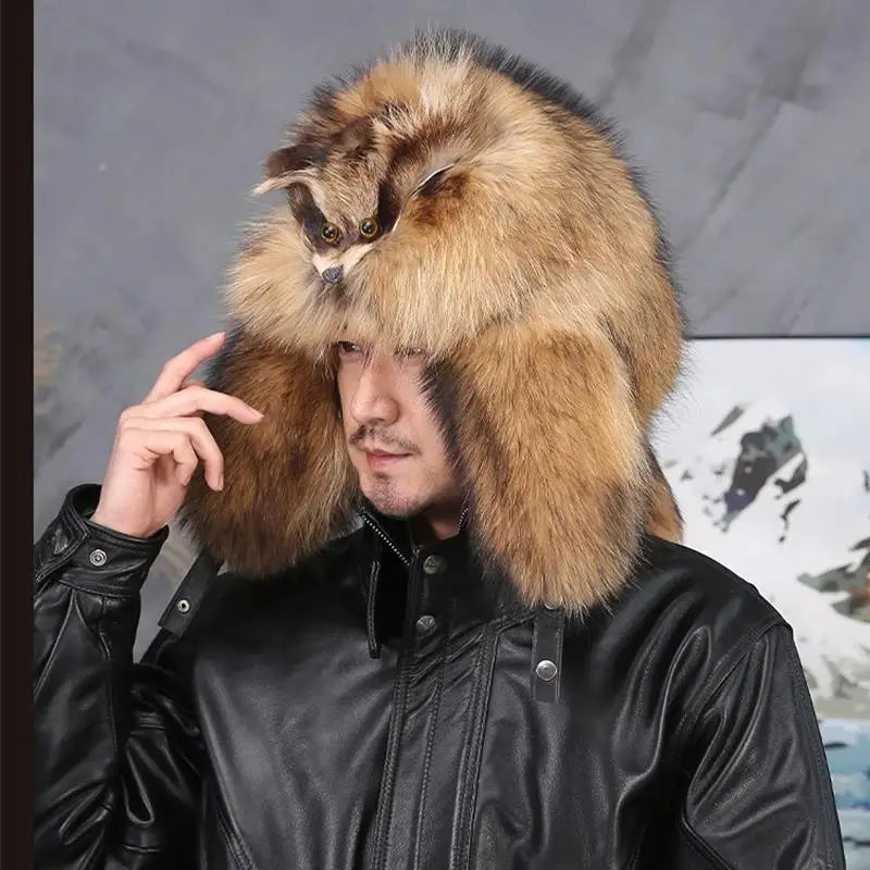 حار روسيا الرجال ريال فوكس الفراء مجموعة قبعة الشتاء الفراء قبعة الساخن Genunie الراكون الفراء جديد الرجال أصيلة رسمية الصلبة الفراء Caplets قبعة