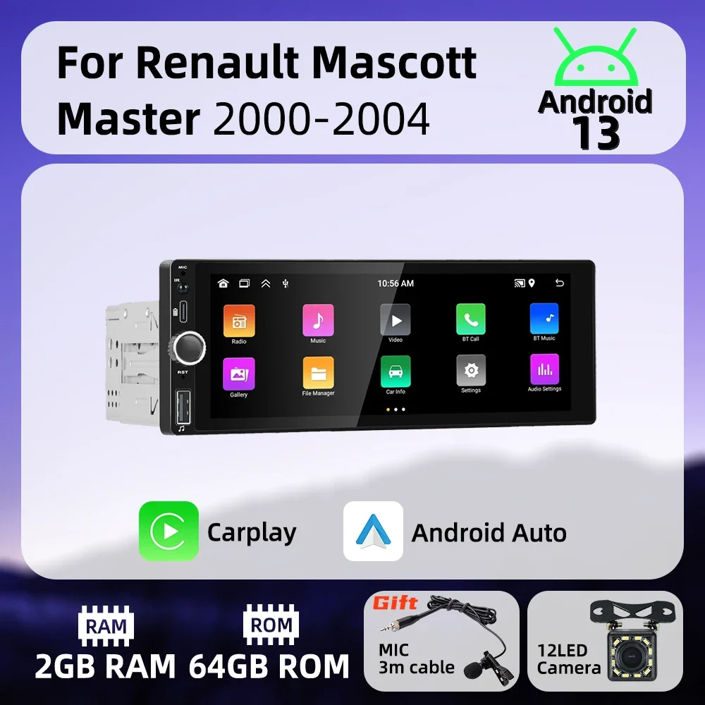 1 Din Carplay Android Auto Radio Android Car Multimedia for Renault Mascott Master 2000-2004 6.86