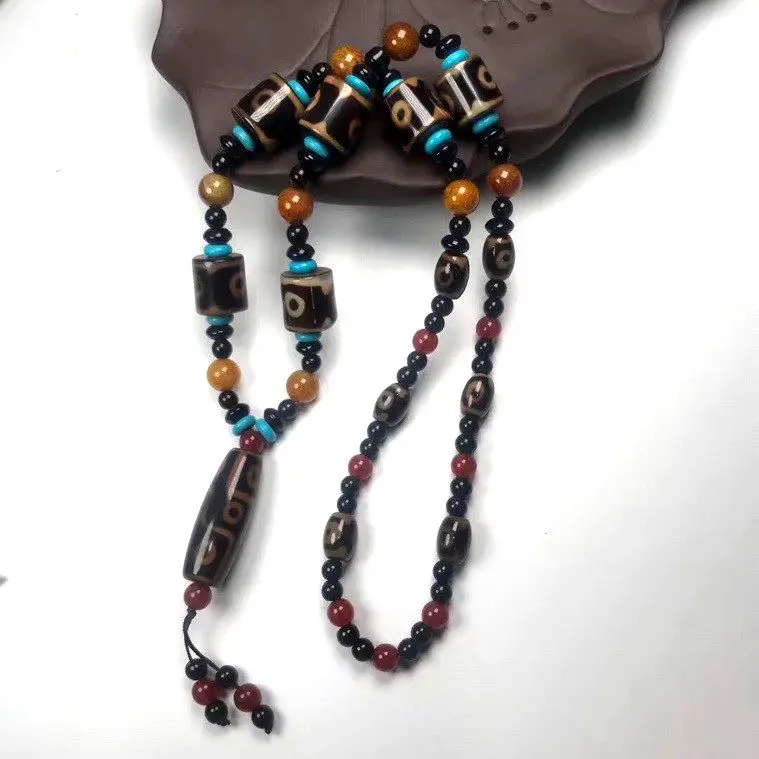 Superb Tibetan Dzi Bead Amulet Necklace 9 Eyes Pendant Bless Lucky Energy Three Eyes Dzi Hanging Talisman