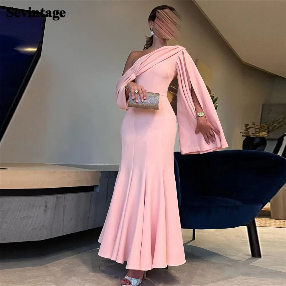 

Sevintage Baby Pink Saudi Arabic Mermaid Evening Dresses One Long Cape Sleeves Ruched Ankle Length Prom Dresses for women 2023