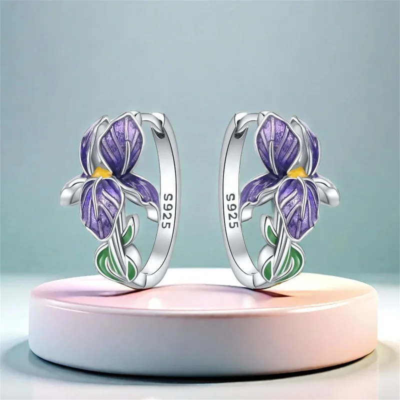 

925 Sterling Silver Flower and Plant Series Purple Iris Earrings Exquisite Wedding Party Gifts for Ladies Jewelry Fashion Gifts