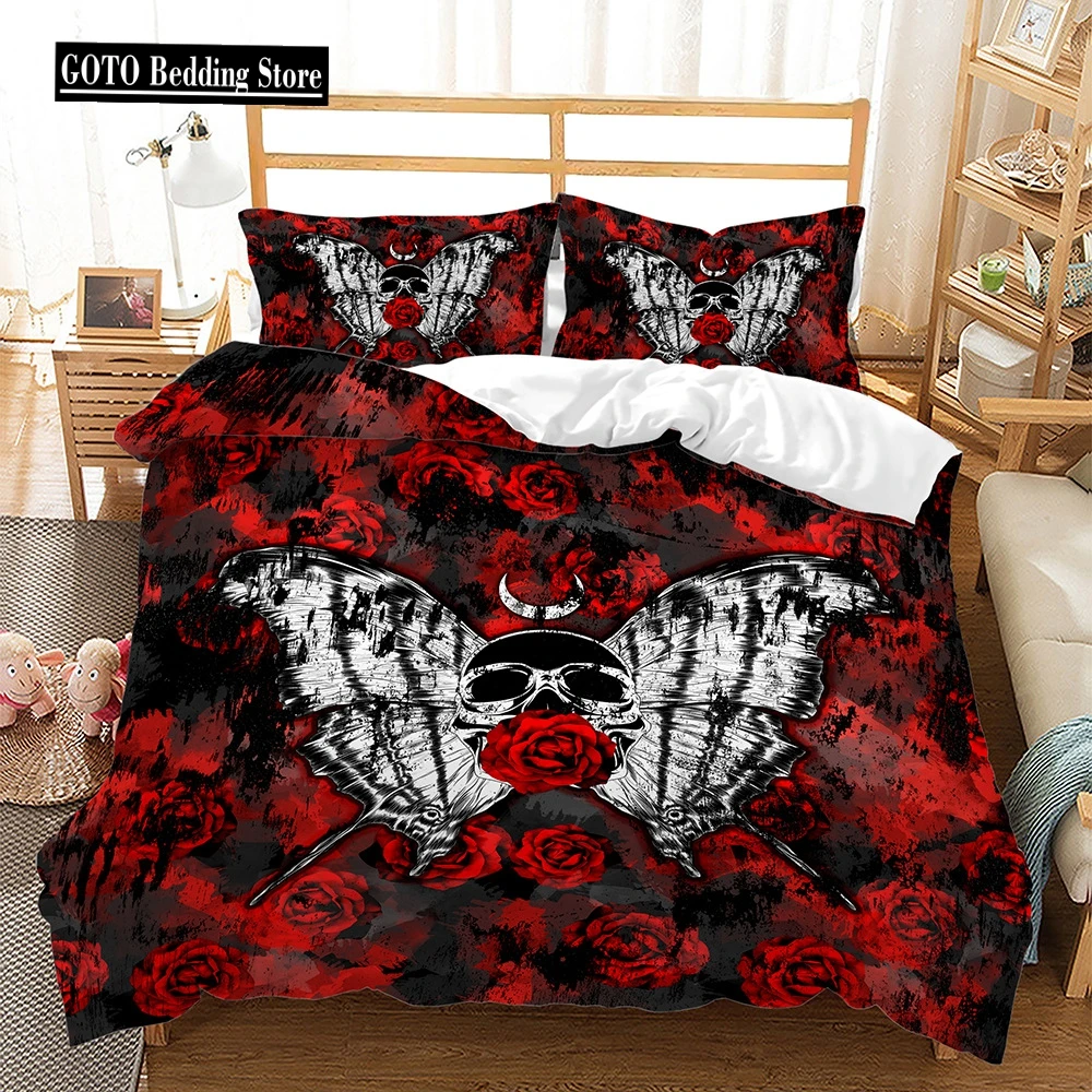 

Floral Skull Comforter Cover Red Rose Sugar Skull Duvet Cover Set for Queen,Gothic Skull Bedding Set Death Skeleton Bones