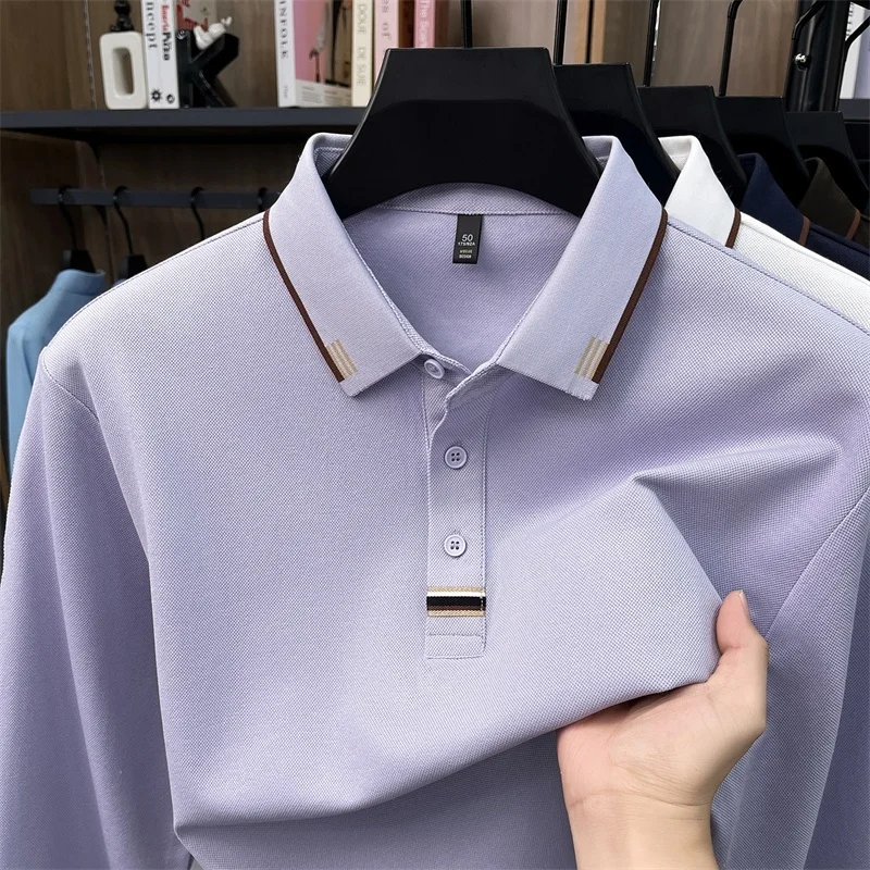 Hochwertiges Herren-Poloshirt aus weicher Baumwolle, Herbst-Neuheit, einfarbig, langärmelig, mit Kragen, modische Business-Herrenbekleidung – Detail 3