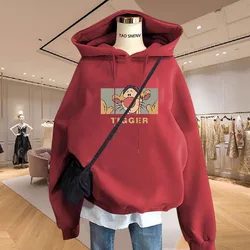 Fashion Printed Cartoon Lace Up Hooded T-Shirt Female Clothing 2023 Autumn Winter Loose Casual Tops Fake Two Pieces Tee Shirt