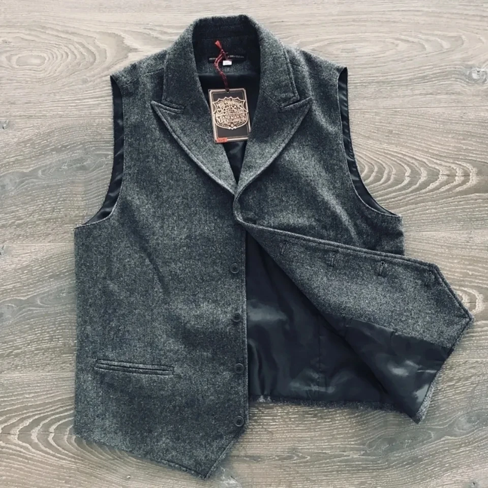 Men's Suit Vest Dark Gray Tailored Collar Wedding Wool Tweed Business Waistcoat Jacket Casual Slim Fit Gilet Steampunk Vest