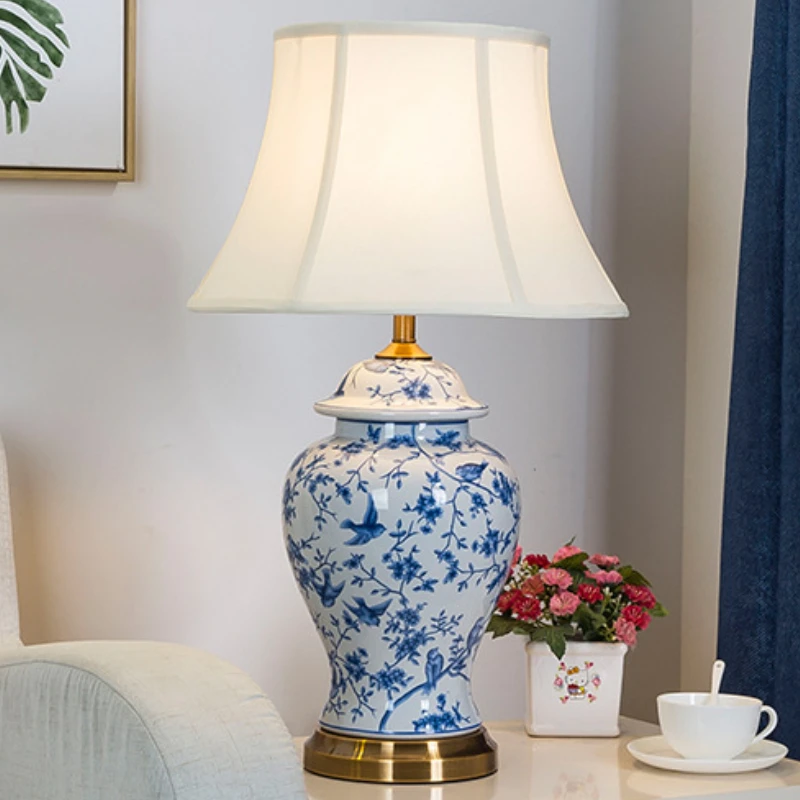 Chinese Ceramic Table Lamp for Bedroom Night Stand Led Light Study Lighting Living Room Decor Pattern Design Fabric Lampshade