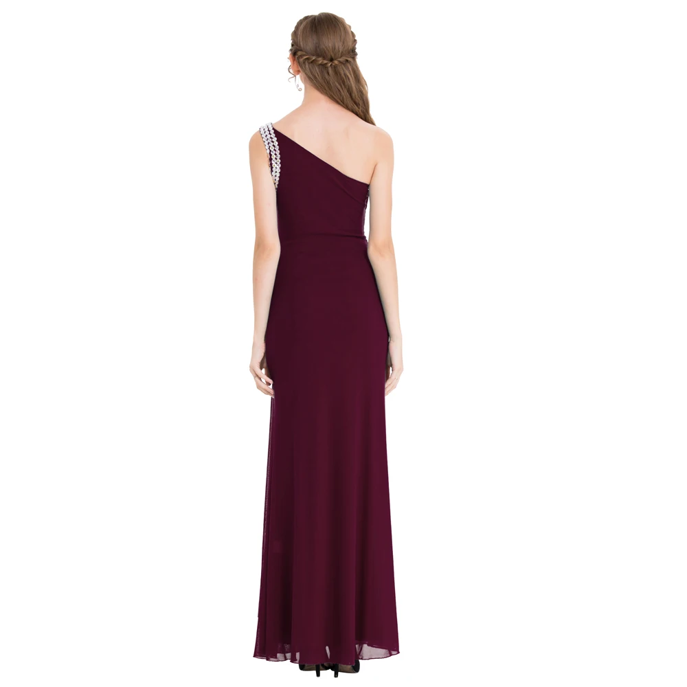 Wedding Guest Gown Angel-fashions One Shoulder Split Evening Dress Long Pleated Beading Formal Party Gown Wine Red 411