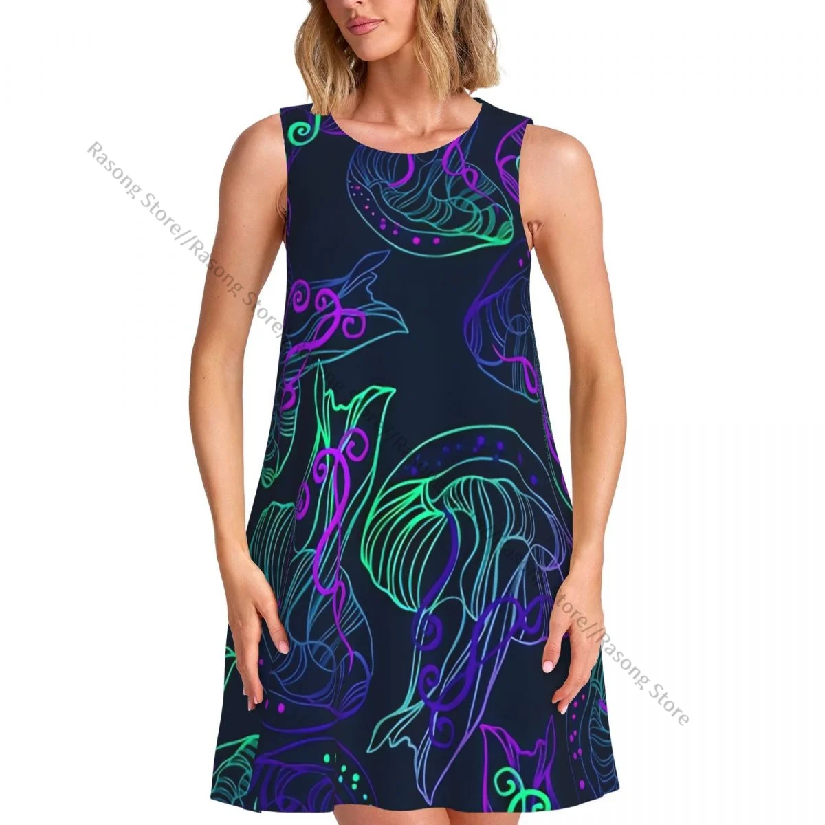 Vestido feminino verão casual camiseta vestidos praia cobrir medusa padrão vestido regata