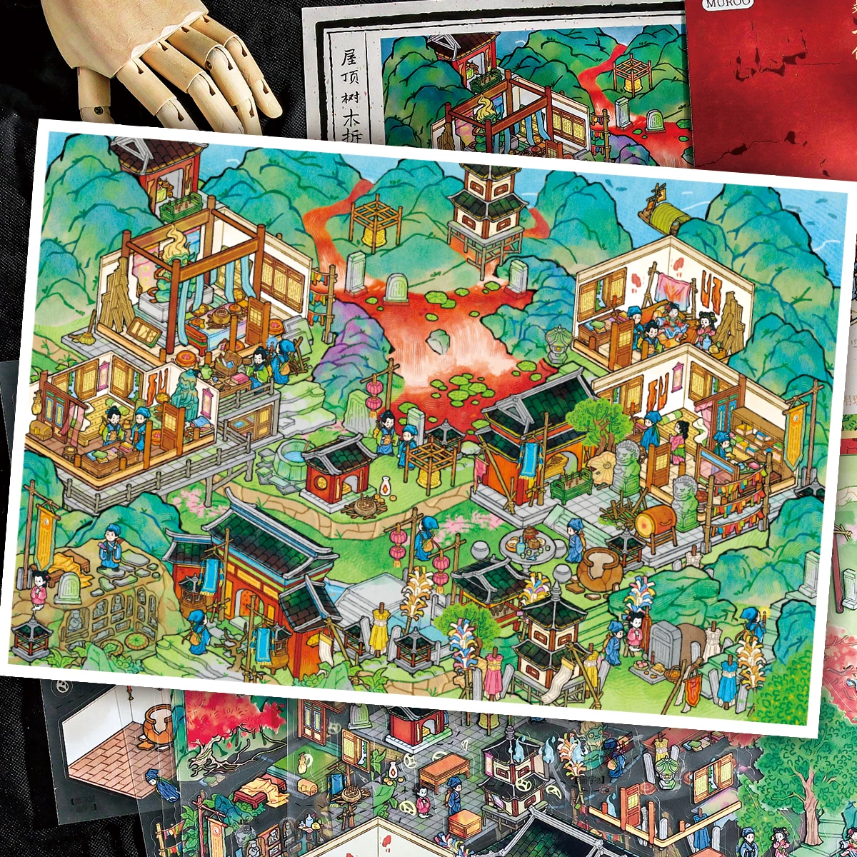 سلسلة رعب صغيرة ملصقات مناظر طبيعية كبيرة جدًا مكونة من 4/6 قطعة Liaozhai Zhiyi تحت عنوان مشهد مصغر أدوات مكتبية مزخرفة