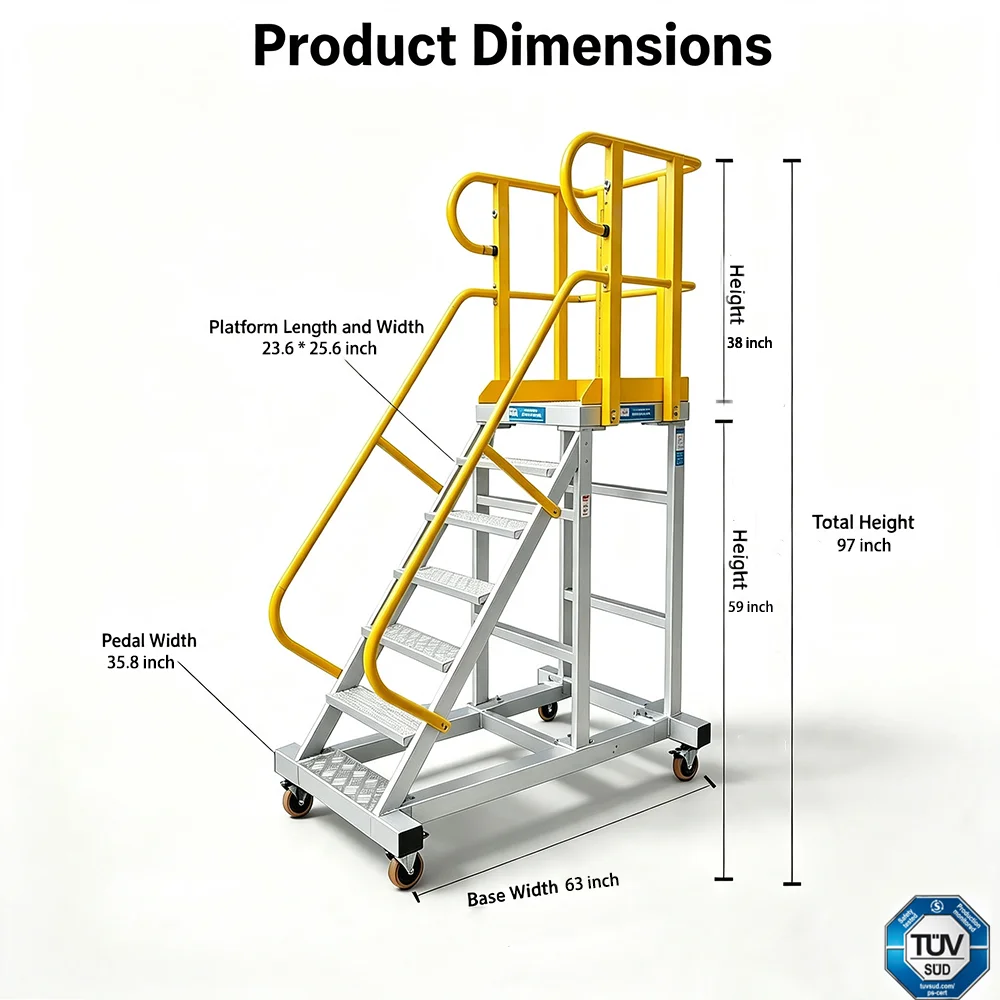 Mobile Platform Ladder, TUV Approved EN 131-7, Aluminum Maintenance Ladder with Wheels, Warehouse Access, Industrial Use