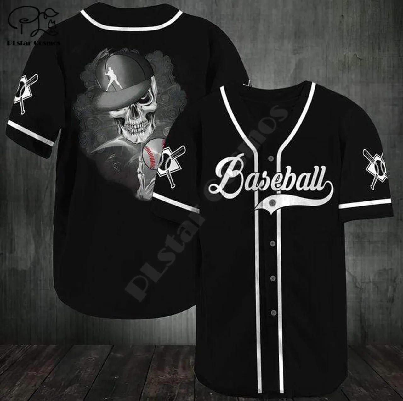 Jersey Bisbol Tengkorak Jersey Bisbol Amerika Asli 3D Kaus Jersey Baseball Motif Seluruh Atas Atasan Hip Hop