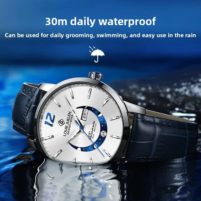 New Master Moon Phase Luminous Waterproof Men's Fashion Quartz Watch Luxury Dress Wristwatch