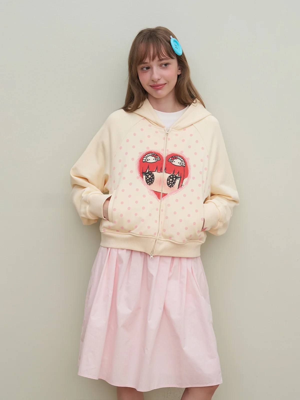 Riverstone plus Women's Heart Print Polka Dot Hoodie Cardigan Loose Fit Long Sleeve Cotton Blend Autumn New Arrival