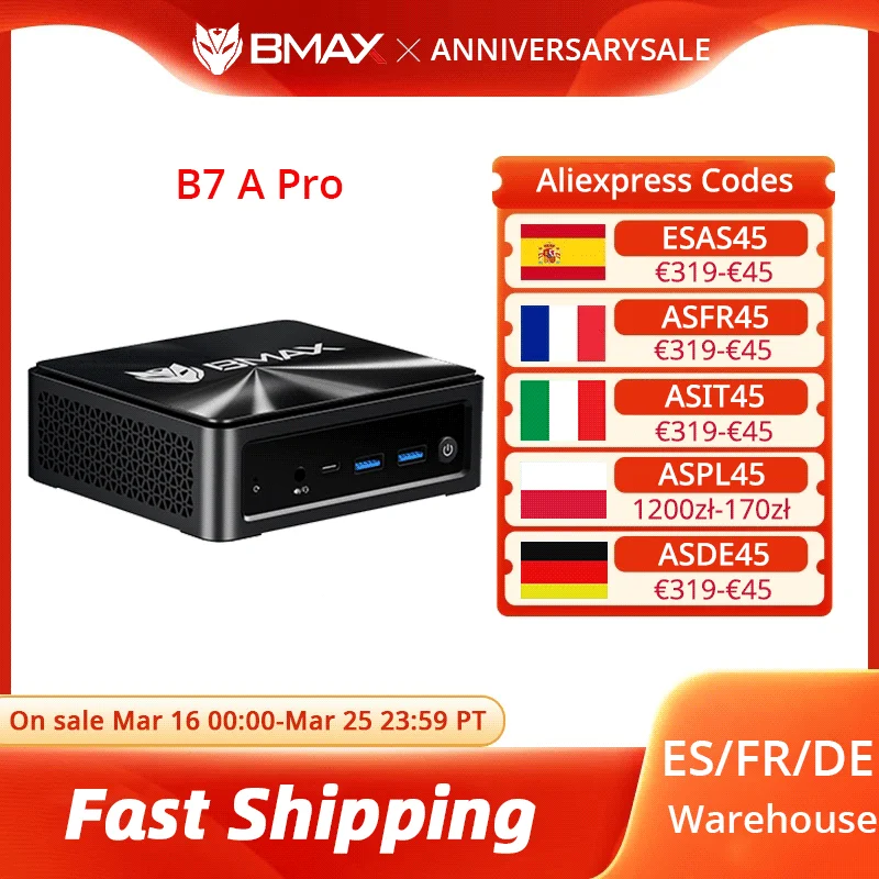 BMAX B7 A Pro Mini-PC AMD Ryzen 5 7430U Prozessor AMD Radeon Grafik 16GB RAM 512GB SSD Windows 11 USB HDMI Type-C Mini-PC