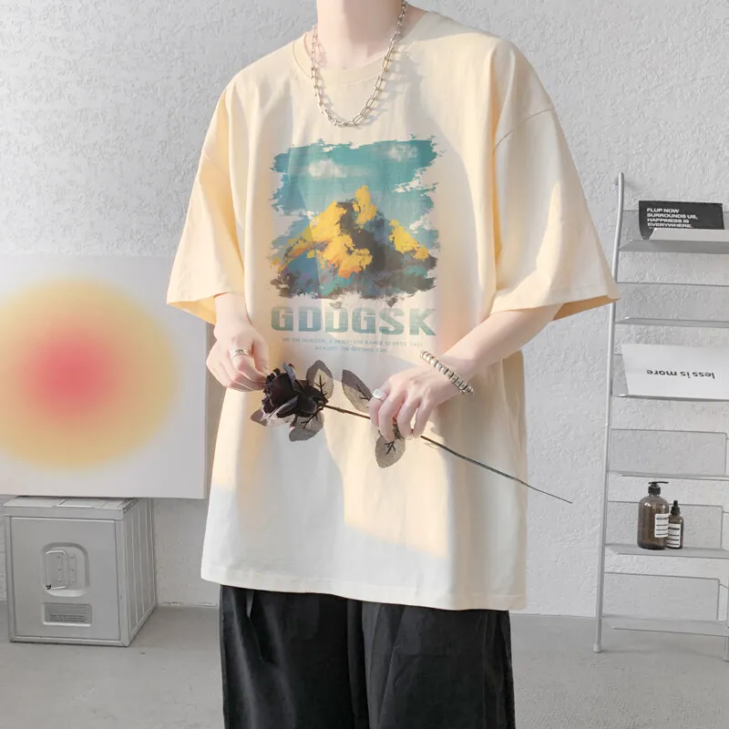 

Men's Cotton T-shirts White 5XL Mens Oversized T Shirt Summer Casual Wear Letter Mountain Print Tee Shirts for Men Male Clothes