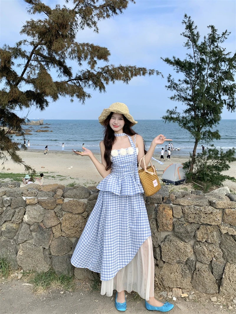 

Kumikumi Sweet Style Summer Floral Plaid Sash Strap Half Skirt Two Piece Set Women's Mesh Splicing High Waist Straight Cut