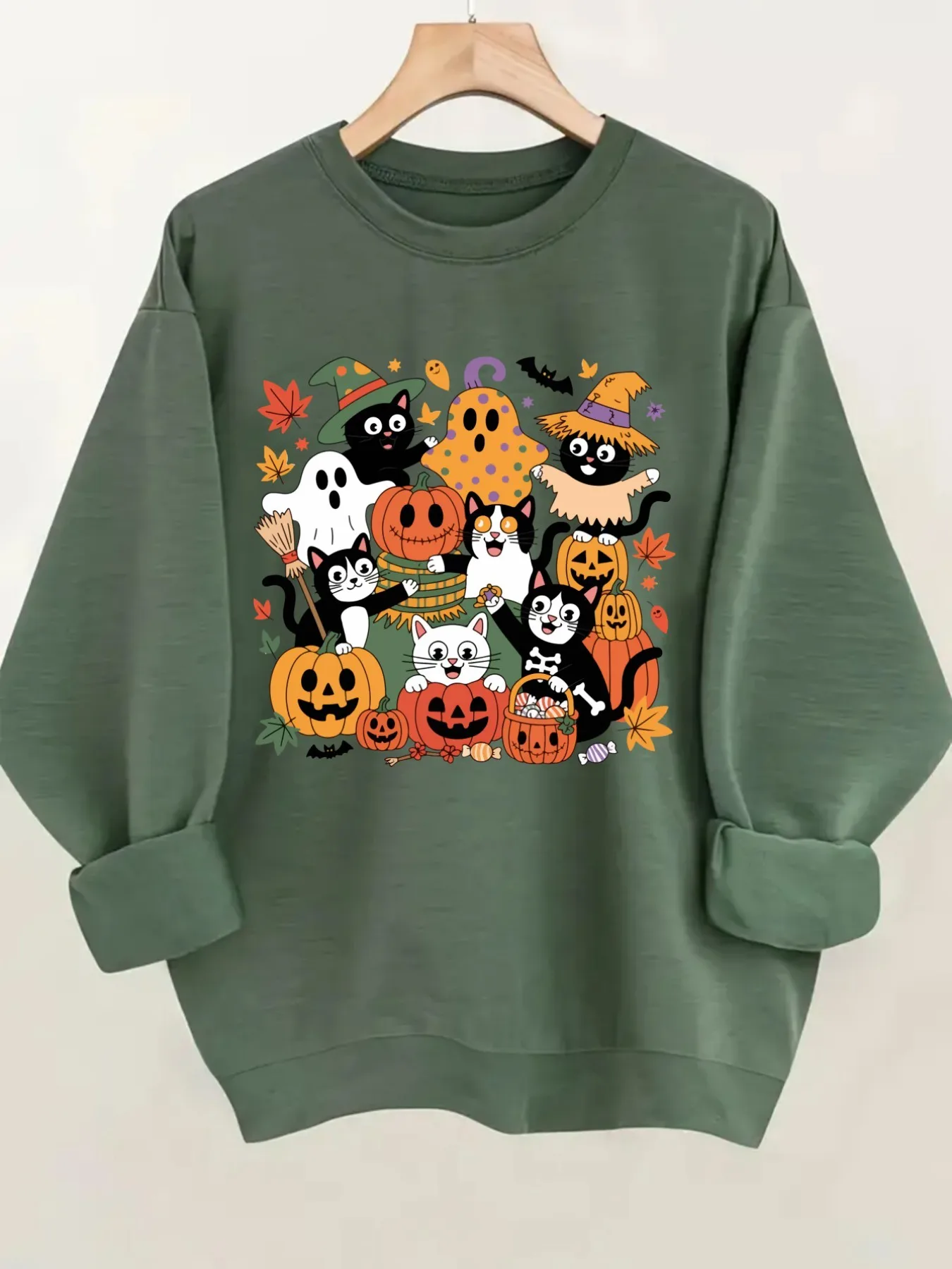 Women's Crew Neck Pullover Sweatshirt Halloween Cat Print Design, Soft Casual Long Sleeve, Daily Casual Top Outfit, Winter Women's Clothing, Halloween Costume Outfit