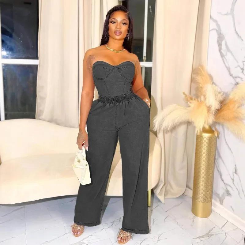 

Denim 2 Piece Set Women Fashion Strapless Backless Cropped Tank Tops + Elastic Waist Loose Straight Pants Casual Jeans Suits